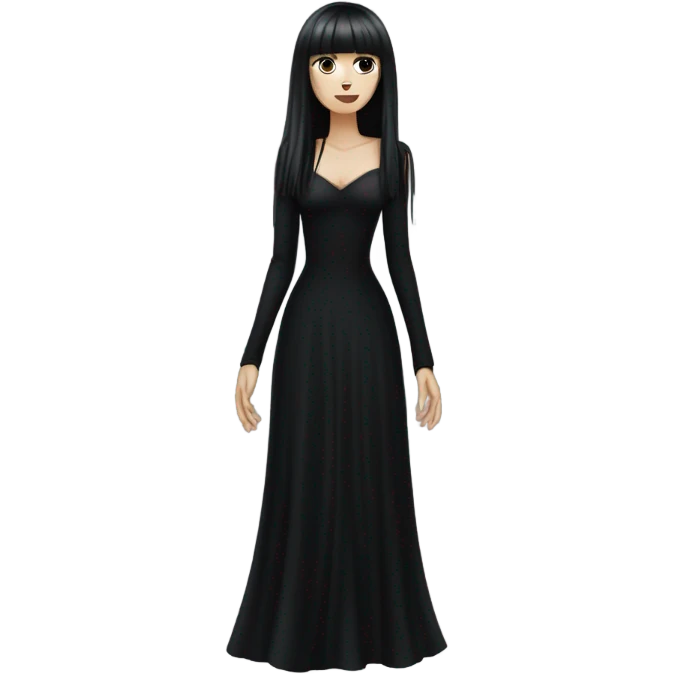  one single goth women full body, wearing long big bell arms, black dress, long hair with bangs, white skin, dark hair,  emoji