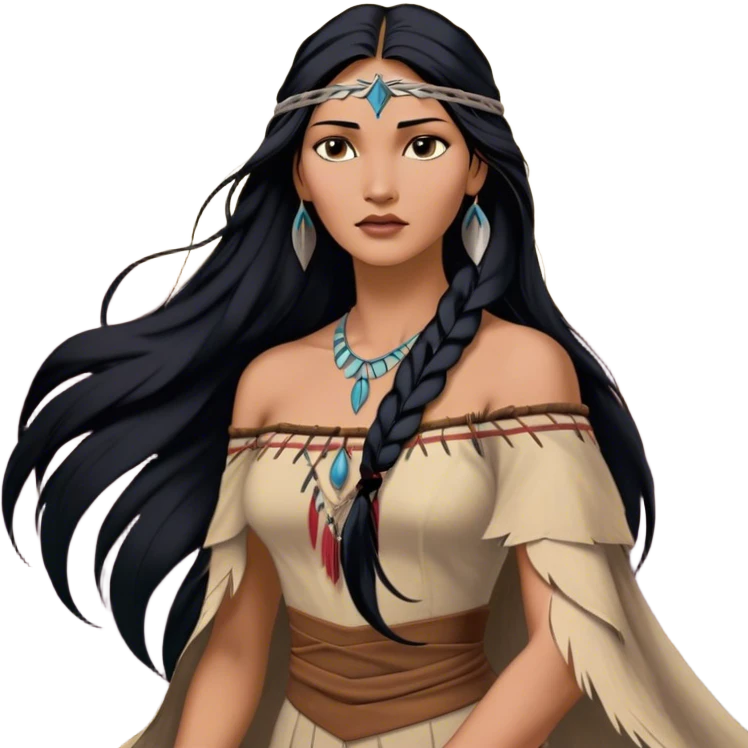 Cinematic Realistic Pocahontas Portrait, depicted with lifelike skin texture, soft natural lighting, and intricately detailed long, flowing raven-black hair that moves gracefully in the wind. Her deep, soulful dark brown eyes exude wisdom and strength, complemented by a serene yet powerful expression. She is dressed in her classic one-shoulder native american dress, with rich fabric textures and delicate beaded details that catch the light beautifully. The portrait features a soft, sun-kissed glow with a natural, radiant finish, capturing the essence of untamed beauty and deep connection to nature in a realistic and painterly style, evoking a sense of depth and authenticity. emoji