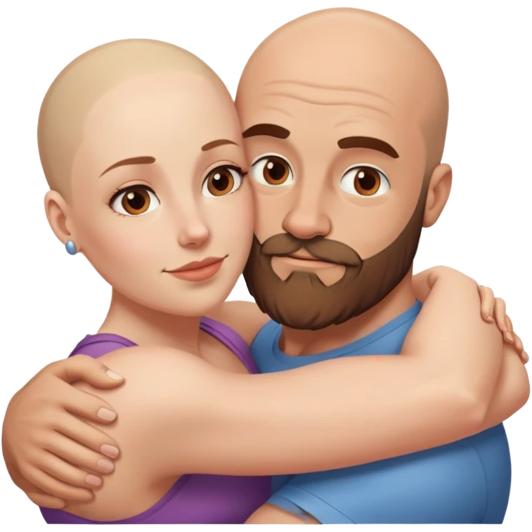Intimate hug muscular bald man brown beard, beautiful light hair woman emoji