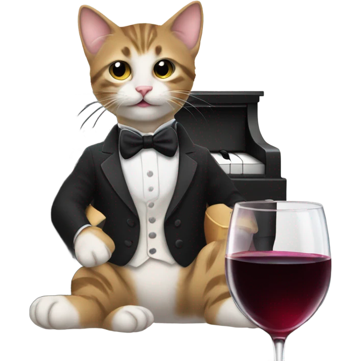 kitten playing piano in a tuxedo while drinking wine emoji