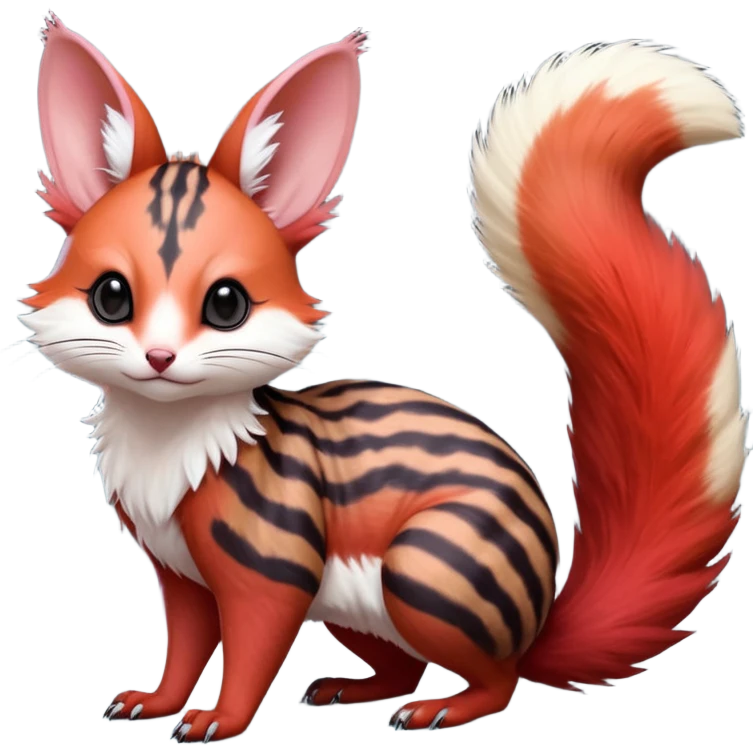  hyper-realistic sanguine-red black-streaked natural realistic divine beautiful elegant pretty precious cute young youthful  Fakémon-Pokémon-alien-opossum-squirrel-feline-serval-caracal-chinchilla-Minccino-hybrid-creature with a big fluffy bushy tail (full body) emoji