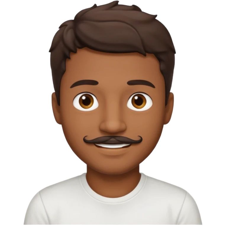 Homme brun cheveux court ondulé. Métisse. Yeux marrons très foncé. Avec t-shirt blanc avec une légère moustache  emoji