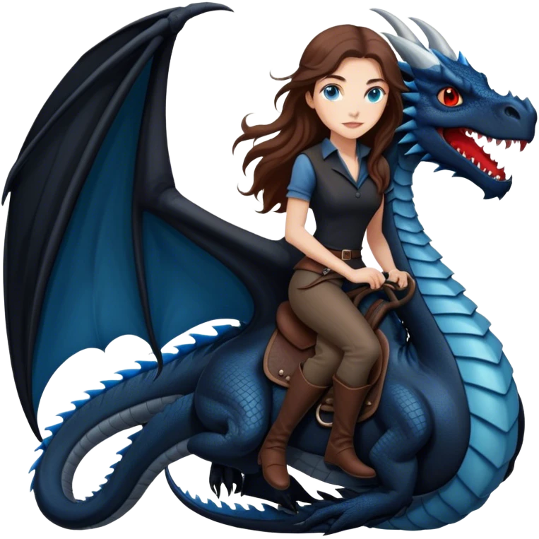 Me, a white female with long brown hair, and blue eyes, riding a very black wyvern dragon with hints of red, to your work emoji