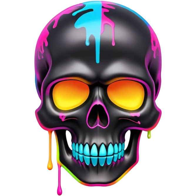 sleek black skull with vibrant neon graffiti tags and famous luxury brand logos spray painted, front view emoji