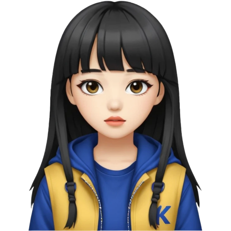 Portrait of a female K-pop idol, wearing a stylish streetwear outfit with layered clothing, long hair with bangs, makeup, cool face emoji