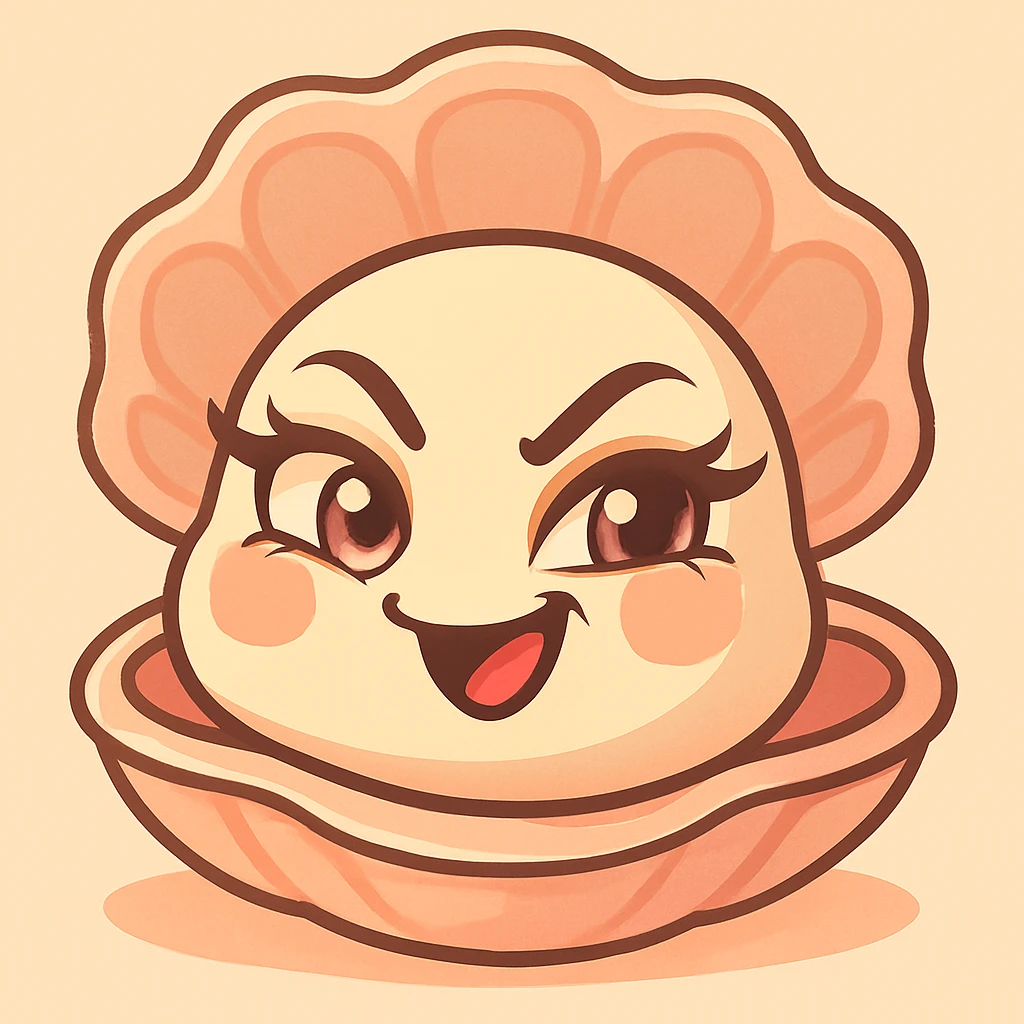 Create a version with a mischievous expression, very expressive and bright eyes, elegant eyelashes, and strongly accentuated pastel, pearly, cream, peach, and greige shades. Keep the large shell, small oyster, pastel toon style, and the background as is. emoji