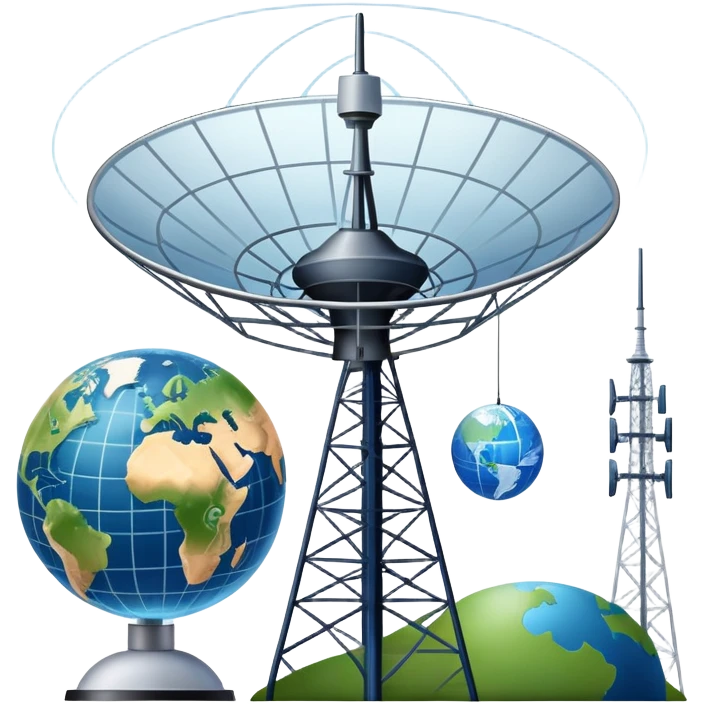 An icon featuring a satellite dish, cell tower with signal waves, and an earth, connected by lines, symbolizing telecommunications. The design includes data signals, network nodes, and a mobile device, representing global digital communication. Transparent background emoji