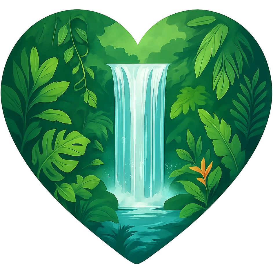 heart with a rainforest waterfall theme, clean digital illustration emoji