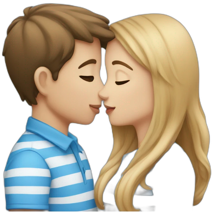 boy in blue shirt with white stripes kissing a girl with blue shirt and white stripes emoji