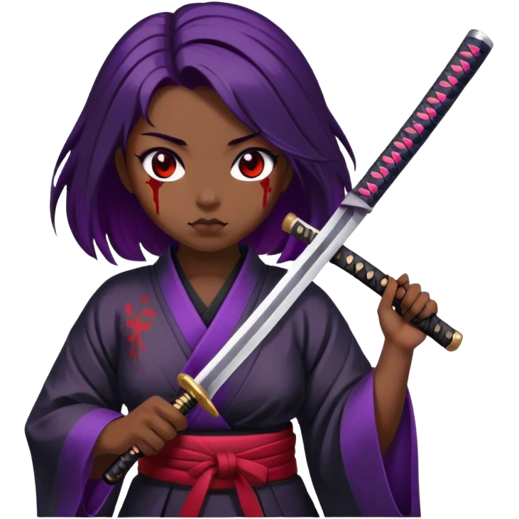 A samurai girl with deep purple hair, black kimono, holding a bloodstained katana emoji
