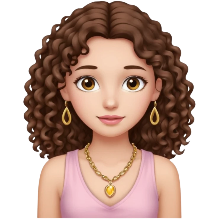 crée moi une jeune fille très belle avec les cheveux bouclés long brune avec un top  sans manche de couleur rose clair avec un peu de maquillage un collier en or emoji