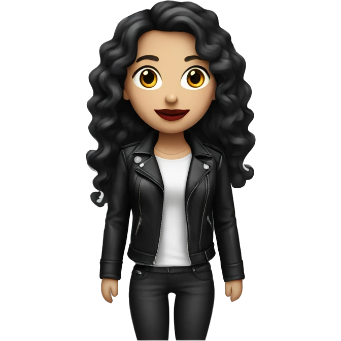 White girl, with long curly black hair, with red lipstick, wearing leather jacket emoji
