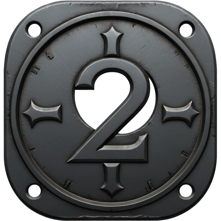 Minimal emoji, gothic metal coin made of black steel, engraved number 2 at the center, ancient industrial aesthetic, worn metal texture, no glow, no neon, flat emoji design, centered, transparent background emoji