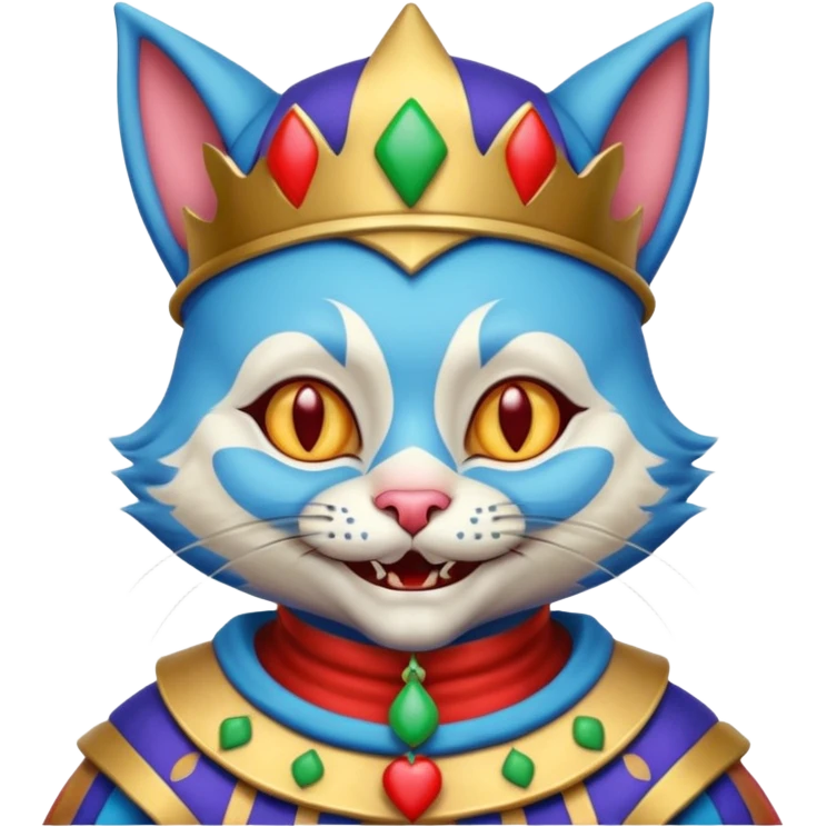 crazy colorful cute little cat jolly joker from poker, medieval, vintage, court jester, mac os icon, blue color emoji