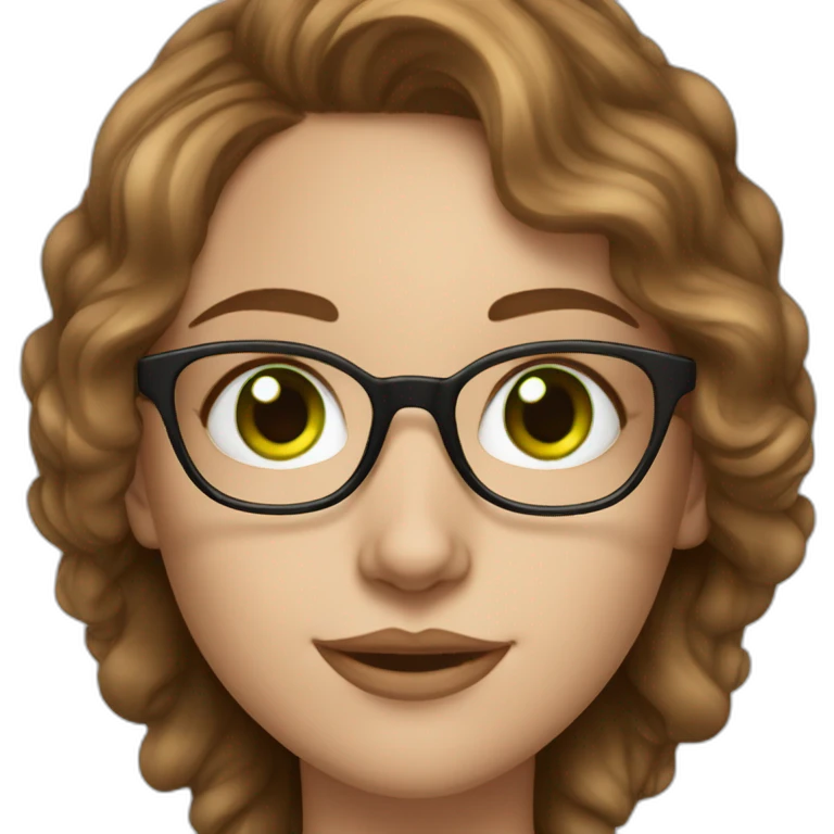 White skin, young woman, brown wavy hair, green eyes, big silver sight glasses, big nose. emoji