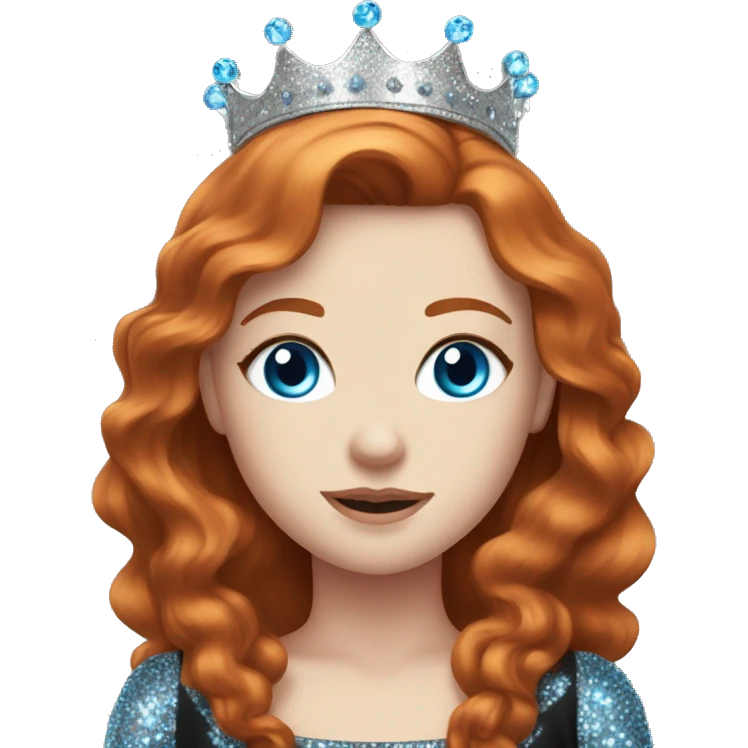 Beautiful girl with redhair, pale skin and bright blue eyes. She wears a sparkly black dress and a silver crown  emoji