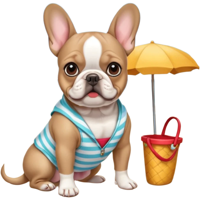 French bulldog at the beach with a cute out fit emoji
