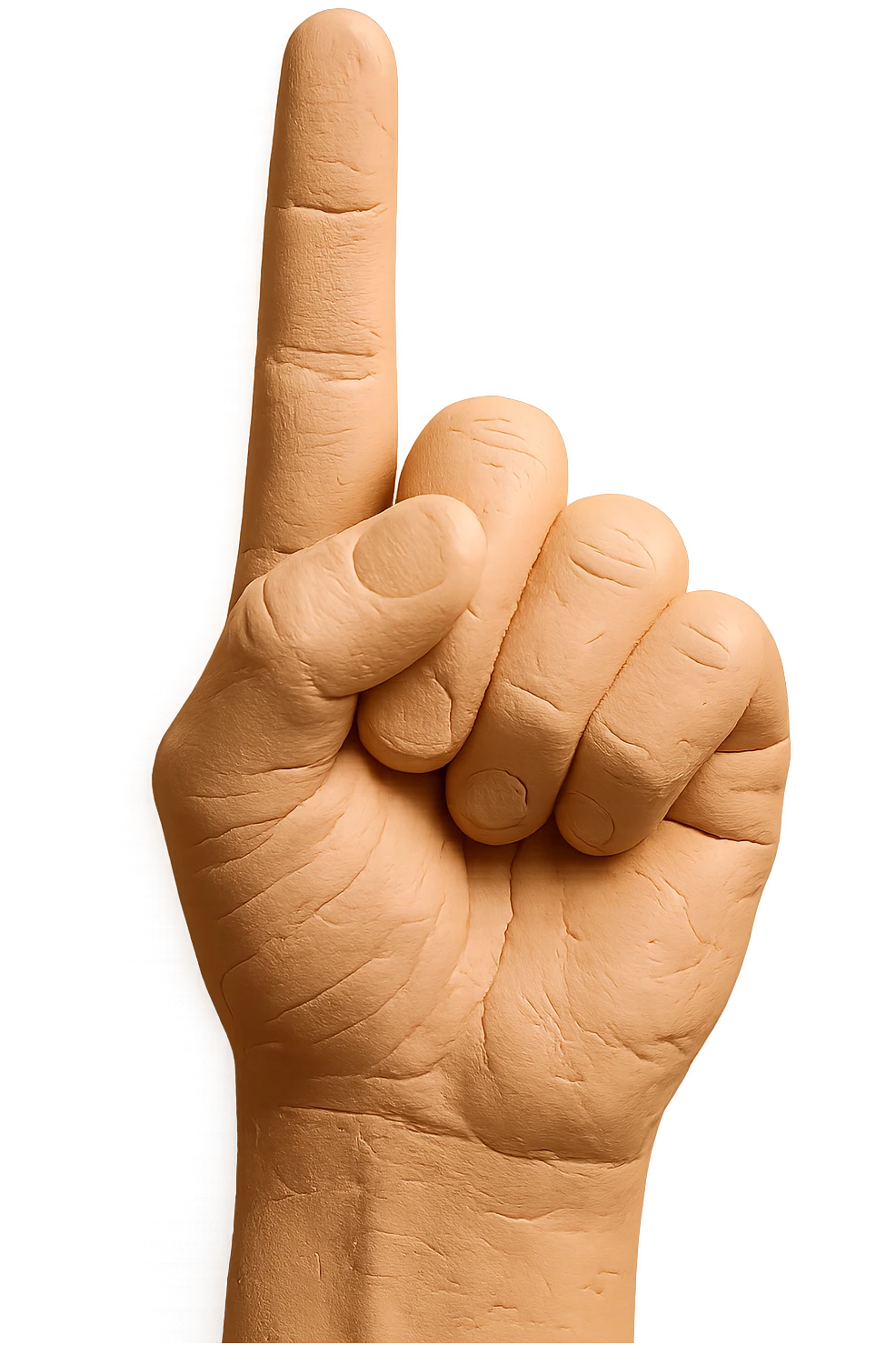 Make the hand look even more plasticy and like a figurine's hand, with a smooth, slightly glossy plastic surface, very detailed and high quality, pointing upwards with the pointer finger extended, realistic skin color, no background. emoji