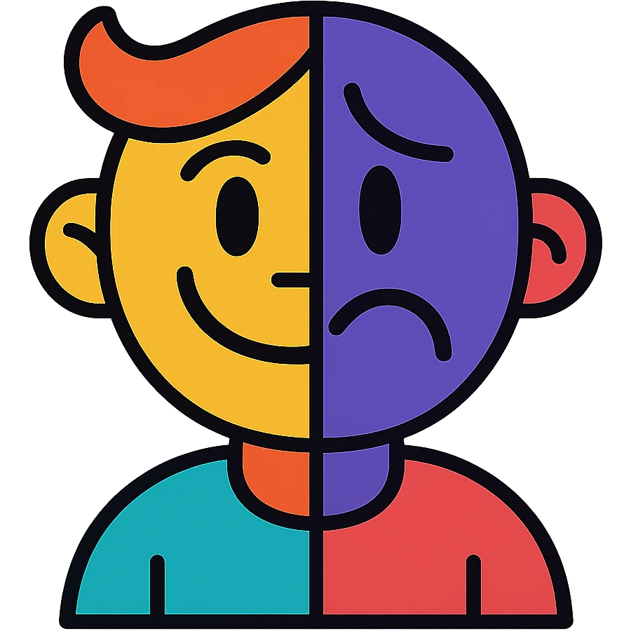 a two-faced character, one side happy and one side sad, vibrant cartoon style emoji