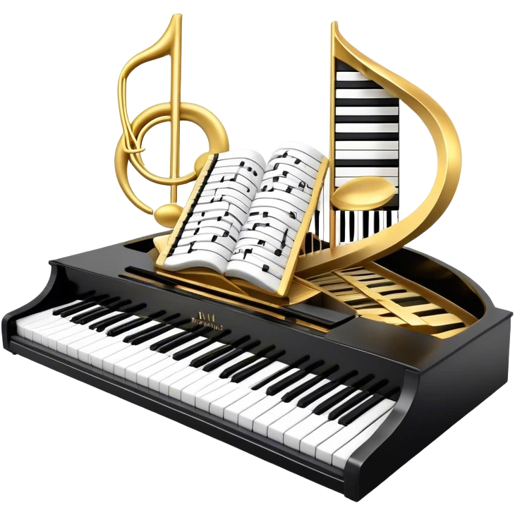 Create a detailed and elegant emoji collage representing keyboard instruments in a celebratory and professional style, reminiscent of a coat of arms. The design should feature a central arrangement of black and white piano keys, forming a symmetrical, powerful image. Around the keys, include a flowing ribbon of musical notes that intertwines with the keys, creating a sense of movement and harmony. Use gold and silver accents to highlight the keys and musical notes, giving the design a festive, high-quality appearance. The design should convey professionalism, elegance, and a sense of occasion. Add subtle reflections on the piano keys to enhance the polished look. The background should be transparent. emoji