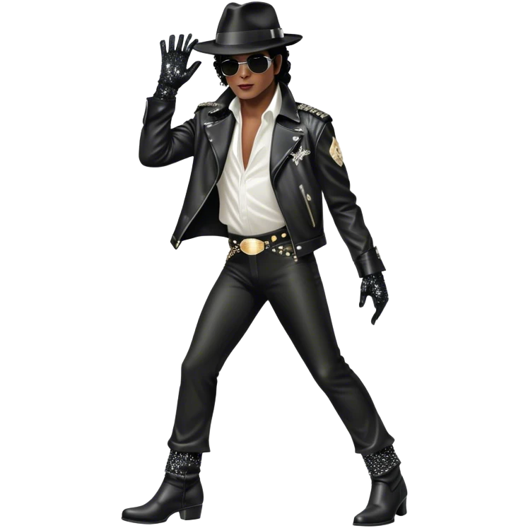 Icon for R&B Music: Michael Jackson on stage in full body, wearing his iconic concert costume—black leather jacket, sequined glove, fedora, and boots. He strikes a powerful pose, embodying the energy of R&B music. Transparent background. emoji