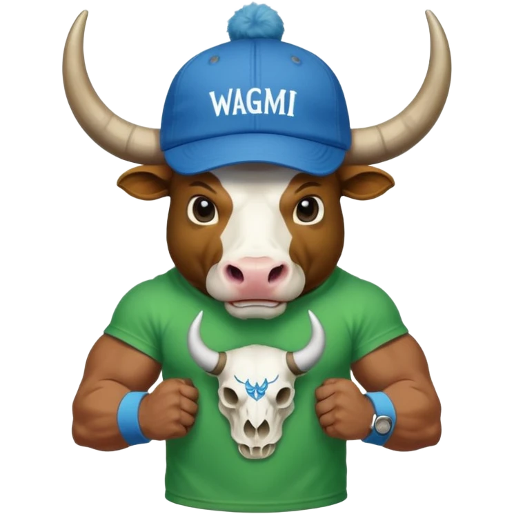 a bull wearing a green cap leveled WAGMI and wearing a blue t shirt and WAGMI designed with bulls skull and horn emoji