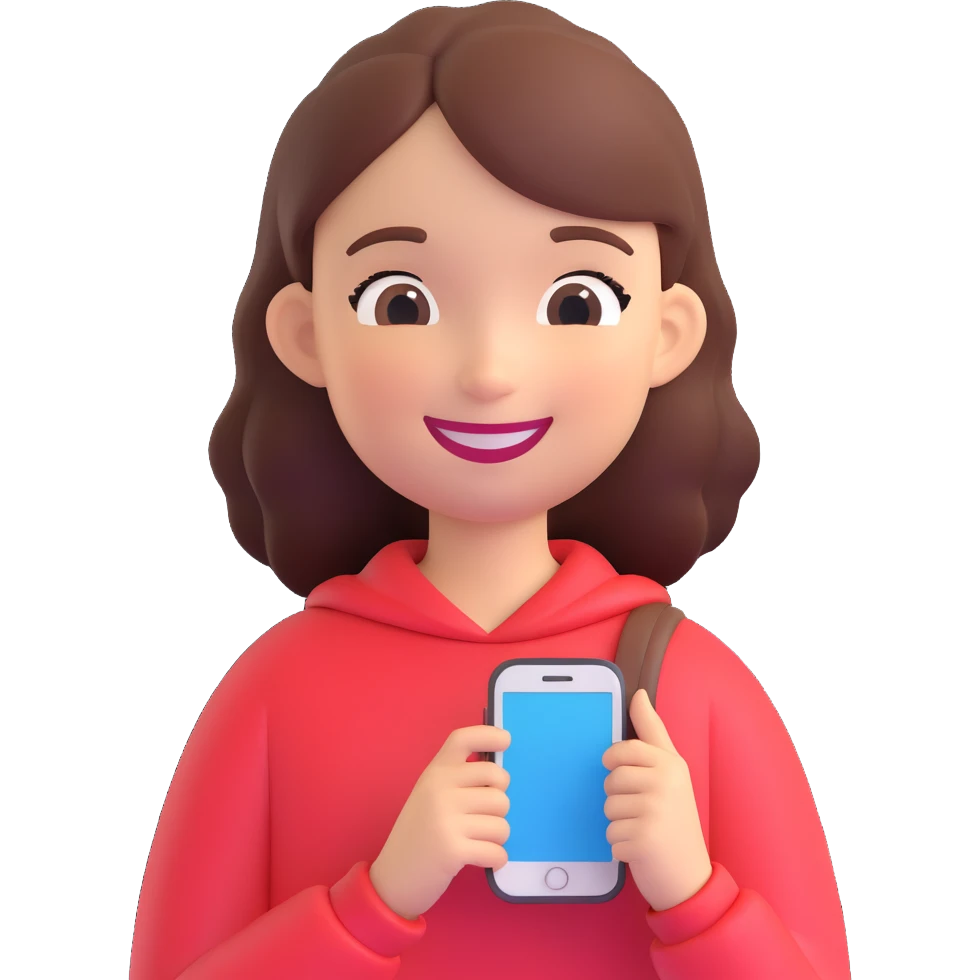 a girl holding a smartphone, smiling emoji