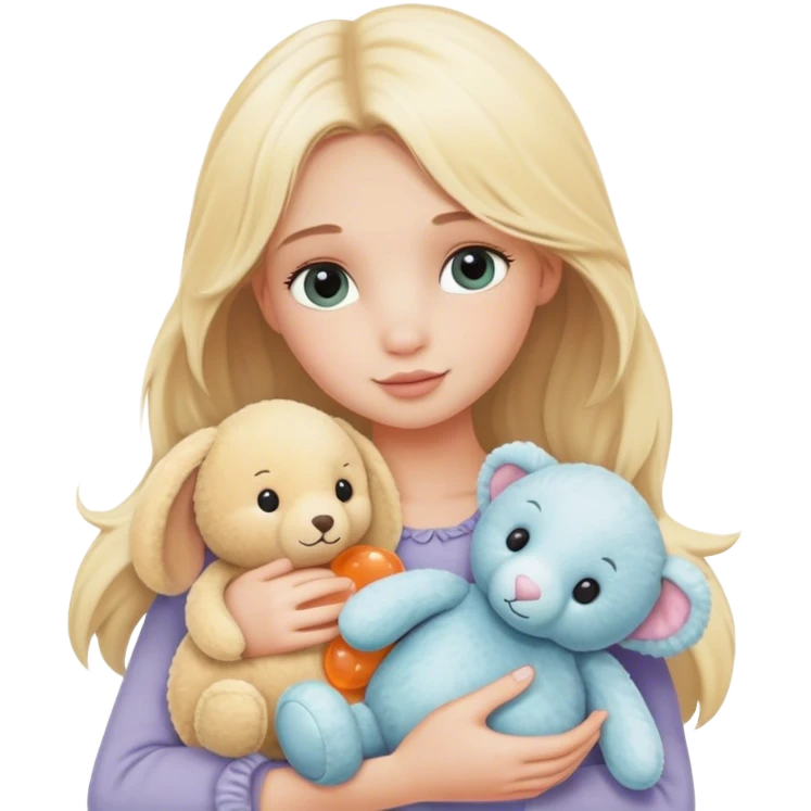 bashful blonde model cradling many cute jellycat stuffed animals emoji