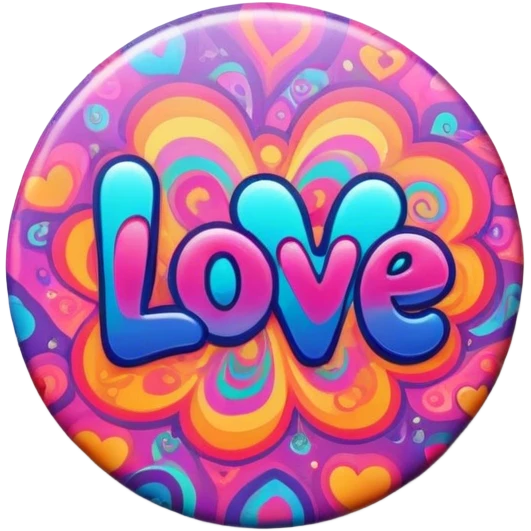 A round psychedelic colored button with love emoji