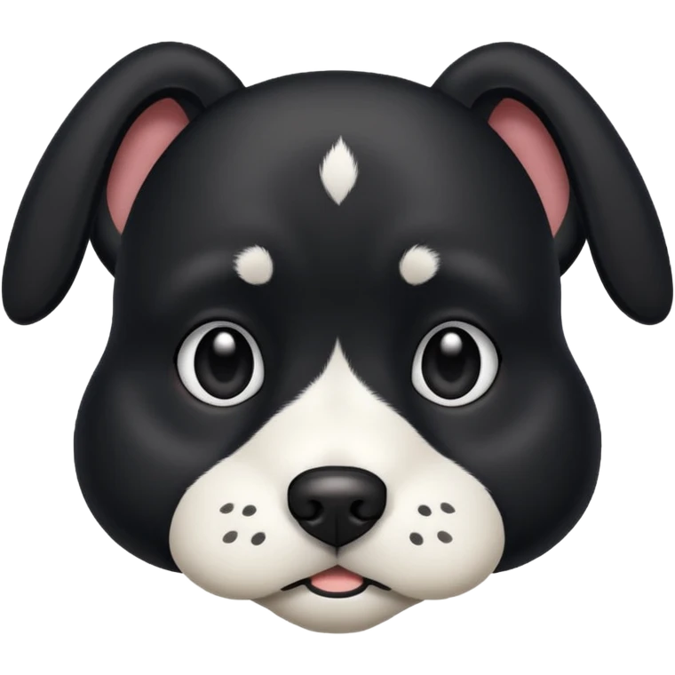 A black not hairy dog with its ears up with a bit of white on its face ￼￼ emoji