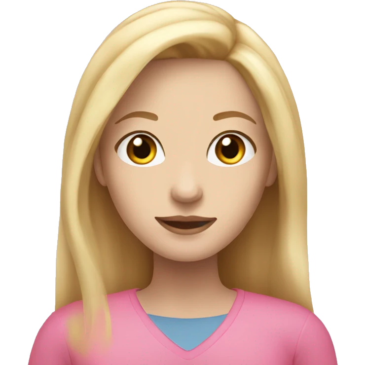 woman with blonde long hair, pale skin, brown eyes and wearing pink  emoji