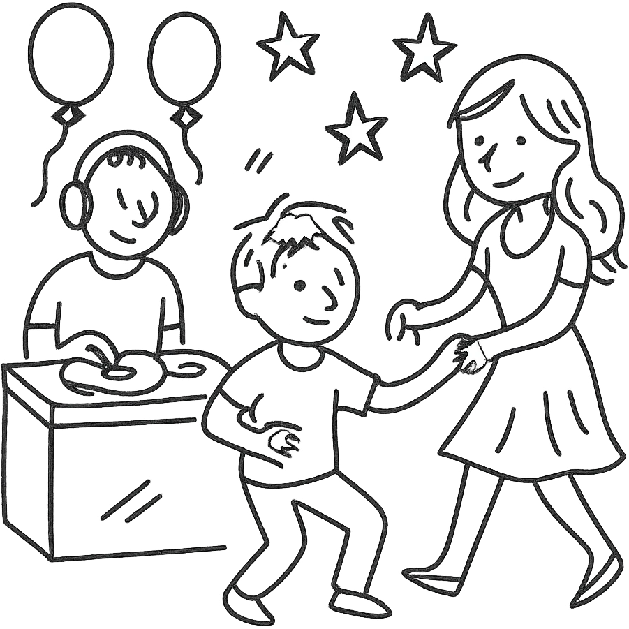 boy dance with older girl at party and DJ watching on it emoji