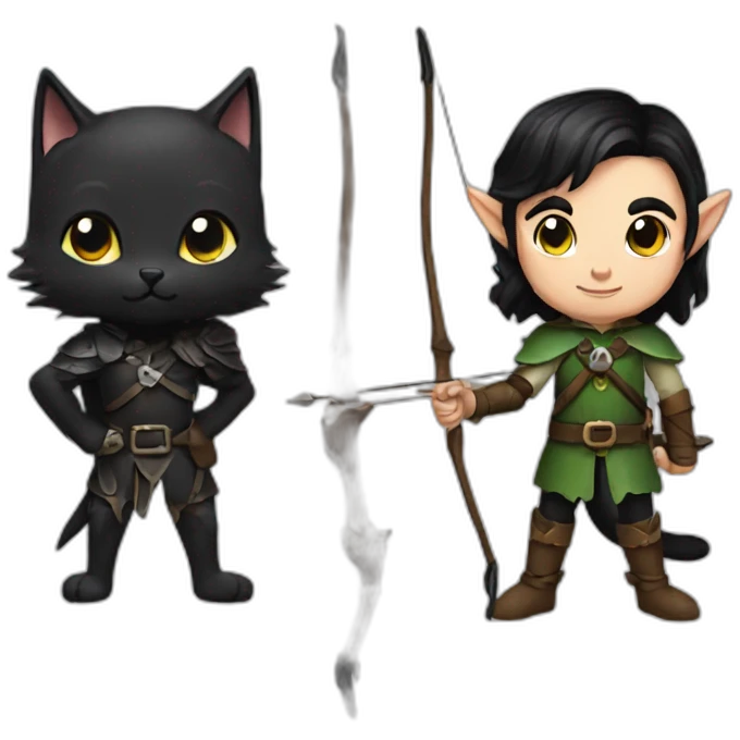an elf with dark hair, a black cat and shortbow emoji