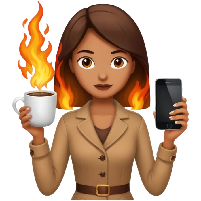 Woman holding coffee and phone that’s on fire  emoji