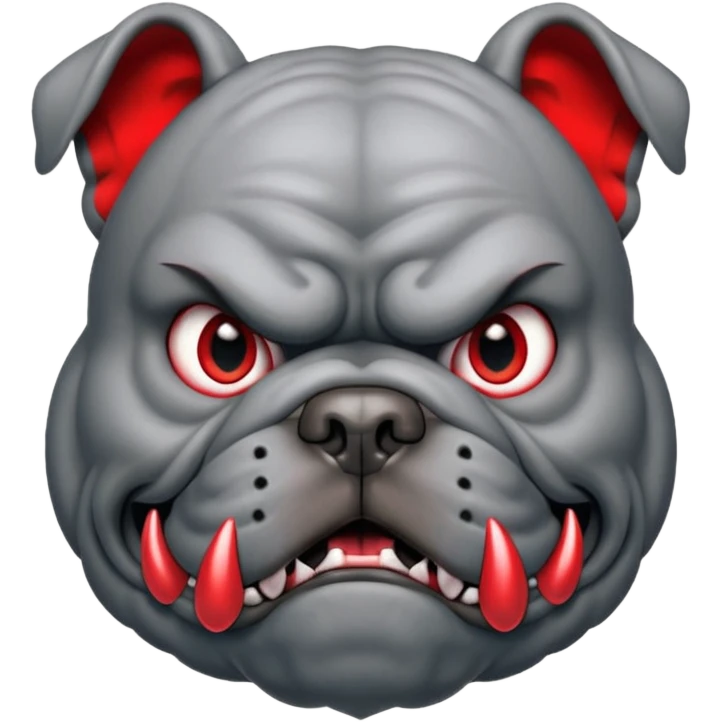 Create a fierce bulldog head emoji facing forward.
Strong jaw, deep wrinkles, and an intense scowl.
slight underbite with two visible fangs.
Dark gray fur with bold highlights and shading for depth.
Add a thick spiked collar (red or black) with shiny metallic spikes.
 emoji