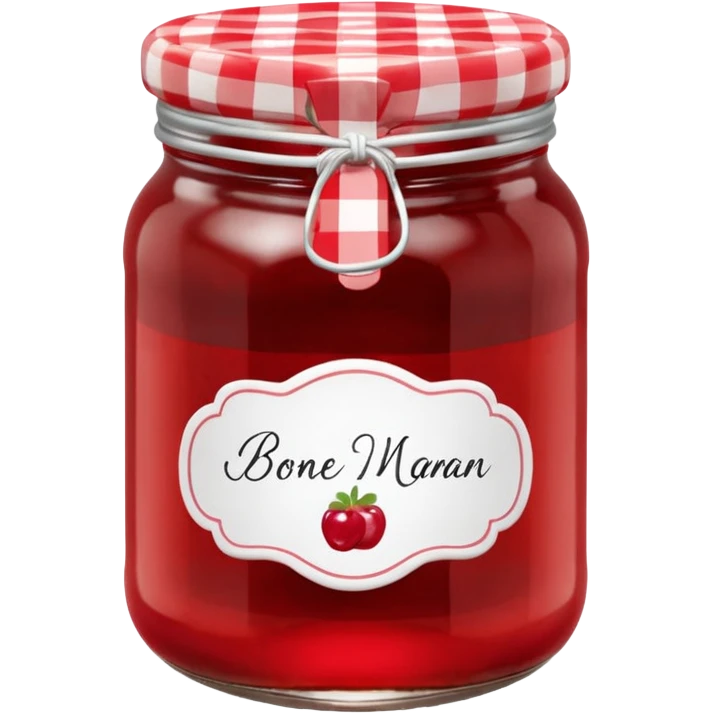 Bonne Maman jam jar, glass, red and white checkered lid, handwritten label, cute emoji style emoji