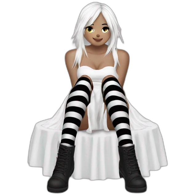 Frontal view curvy emo girl sits white skirt striped stockings hands up emoji