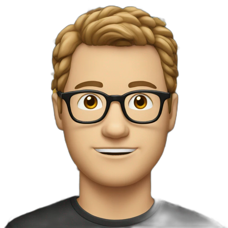 white guy with short brown hair up unshaved wearing glasses and dark t-shirt with flowers print emoji