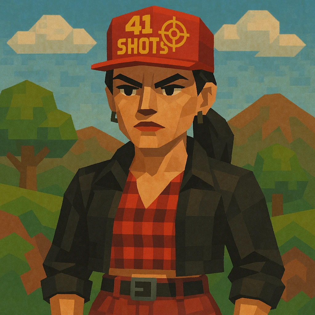 low-poly 3D style woman with bold eyebrows and angular features, confident serious face, wearing a red cap with '41 SHOTS' and target sight, black hair in ponytail, black cropped jacket, red-black checkered shirt, high-waisted pants, black belt, stylized hills and clouds background, earthy palette with red and green focus, determined rebellious look emoji