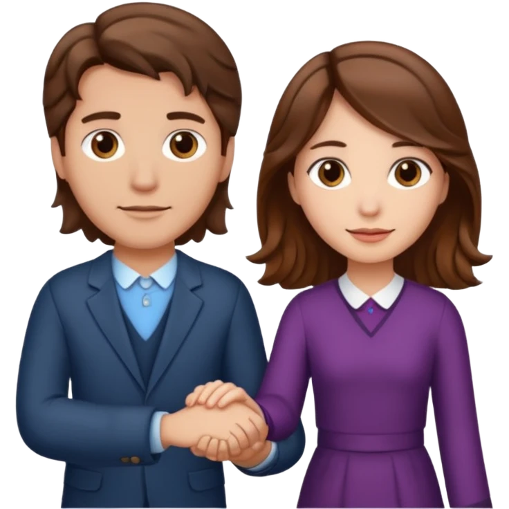 A girl with brown hair and a man with a middle wavy part holding hands emoji