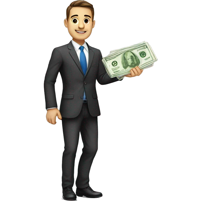 finance bro in suit holding money.  European ethnicity. full body including legs. realistic sized emoji