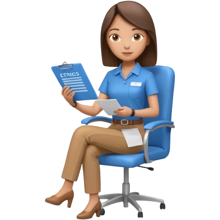 Generate an emoji of a female AI ethicist in blue shirt brown pant sitting in a chair and has a checklist stating AI ethics elements like stop bias, fairness score. I want 3d figurine emoji