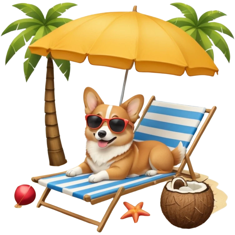 a corgi dog laied on a beach chair, a sunny beach, a sun umbrella, and beach coconut trees. the icon should capture the essence of a relaxing beach vacation with a carefree atmosphere emoji