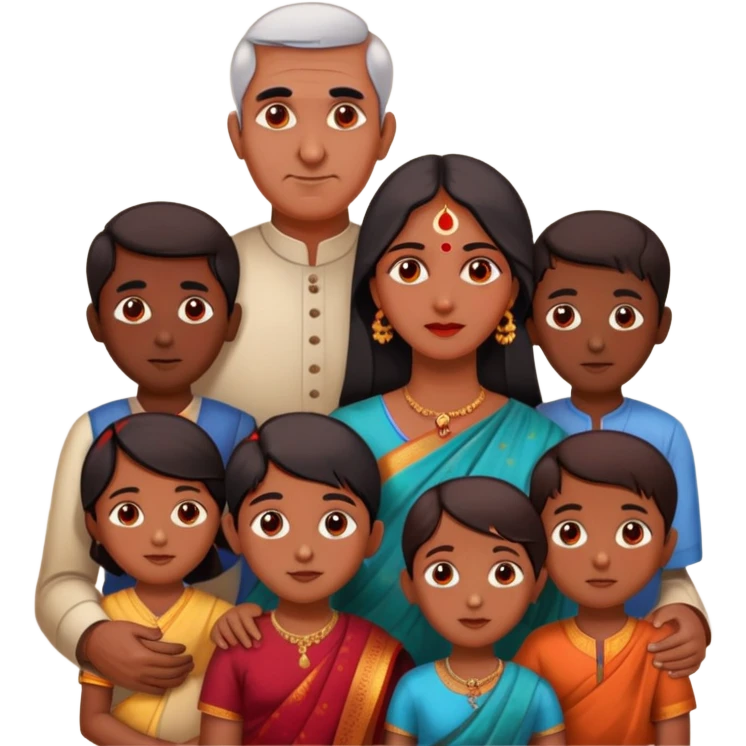 An Indian mother and father, the mother has a circular red spot on her forehead, and the two are sorrounded my 8 indian kids emoji