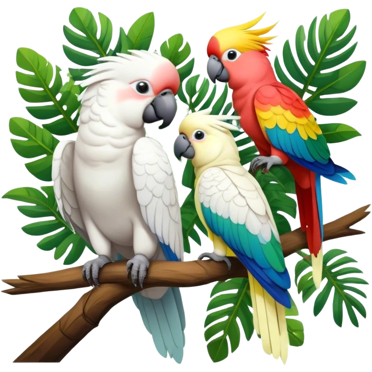 Close-up collage of vibrant Ara parrots and Inca cockatoos sitting on tree branches, surrounded by lush greenery. Bright colors of the birds stand out against a natural, sunny background of trees, flowers and fruits. Transparent background. emoji
