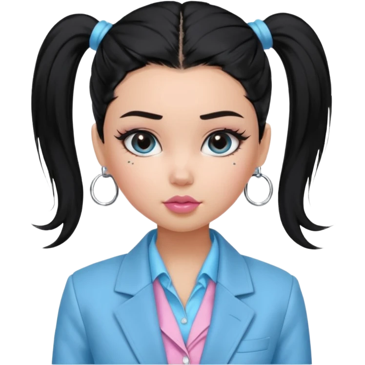 generate a pretty bratz girl with black hair tied up in a single ponytail. wearing a light blue full sleeve shirt and a black blazer over it. silver small hoops, pink lipgloss.  emoji