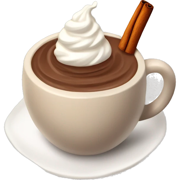 Hot coco with whip cream with cinnamon stick in a pottery myg emoji