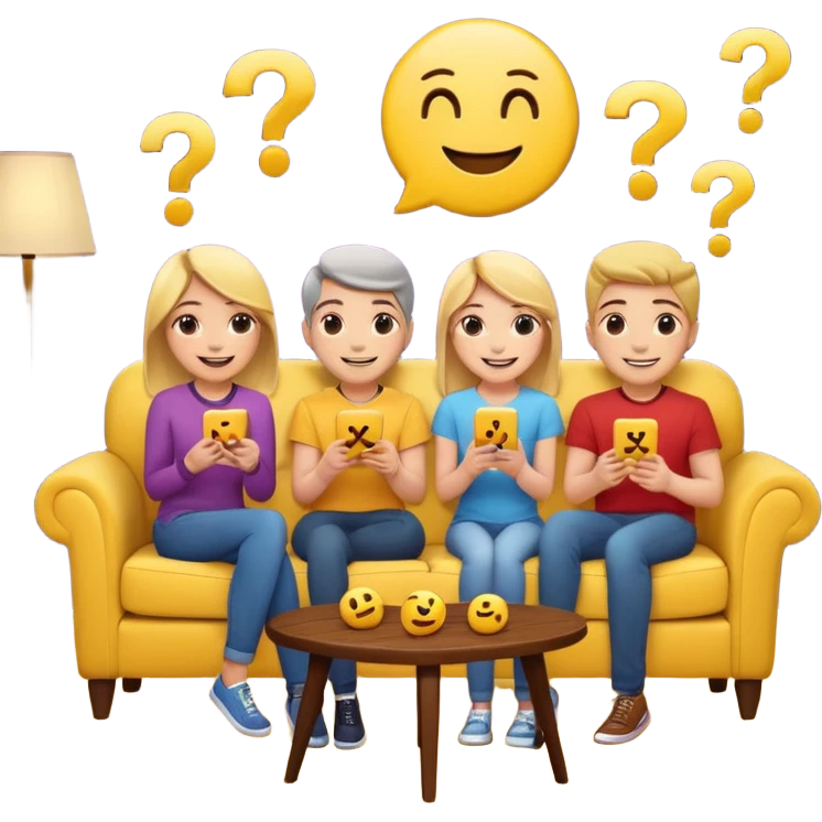 group of friends on couch playing a trivia game couch should be deep dark yellow color.  include a small wooden table in front of the couch as well.  Add 1 smiling face emoji and 2 question marks above their heads emoji