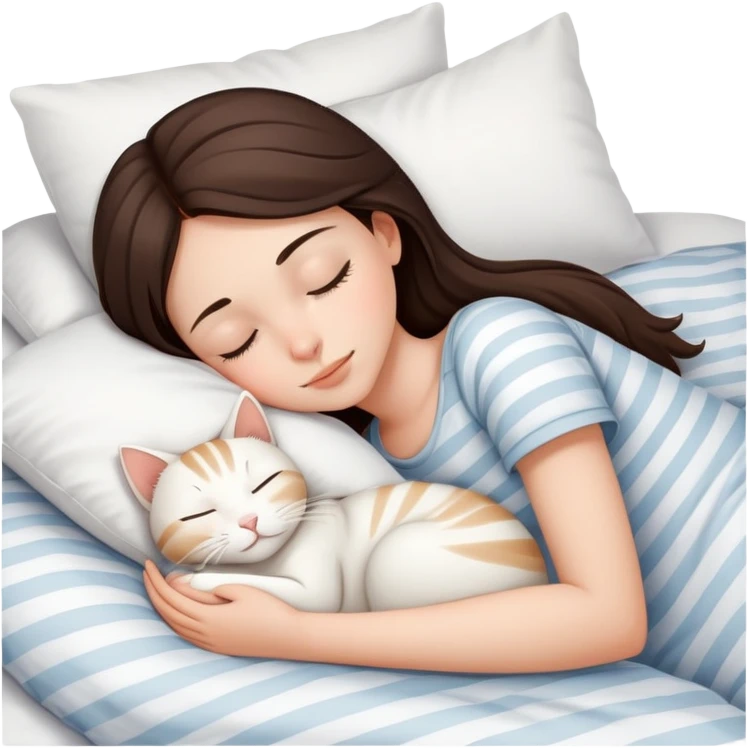 side view Brunette teenage girl sleeping with white cat that has beige stripes on a white pillow with white sheets emoji