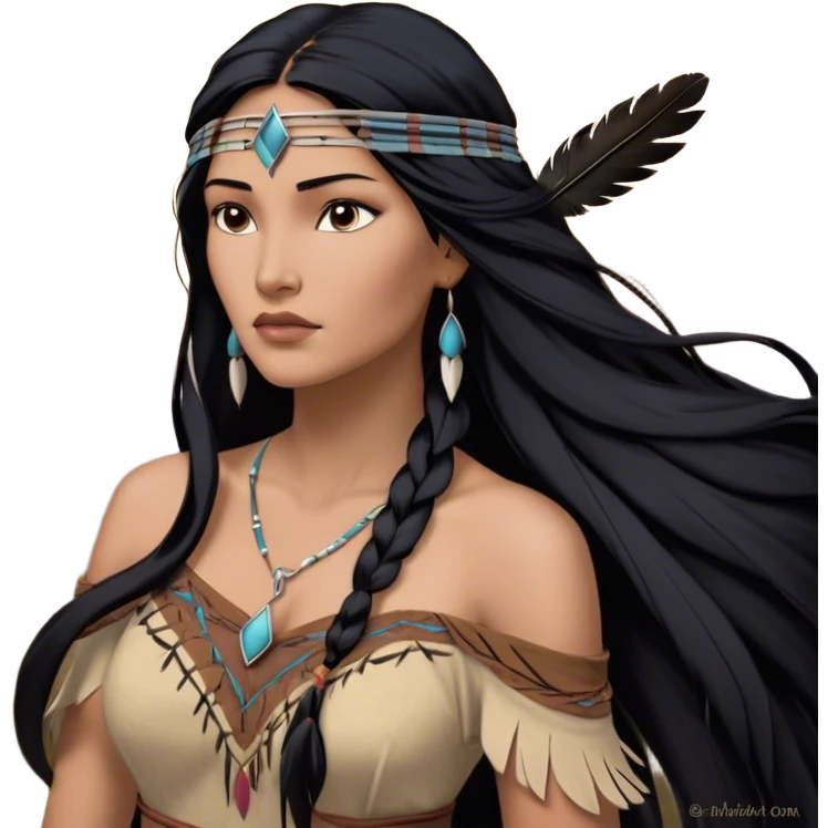 Cinematic Realistic Pocahontas Portrait, depicted with lifelike skin texture, soft natural lighting, and intricately detailed long, flowing raven-black hair that moves gracefully in the wind. Her deep, soulful dark brown eyes exude wisdom and strength, complemented by a serene yet powerful expression. She is dressed in her classic one-shoulder native american dress, with rich fabric textures and delicate beaded details that catch the light beautifully. The portrait features a soft, sun-kissed glow with a natural, radiant finish, capturing the essence of untamed beauty and deep connection to nature in a realistic and painterly style, evoking a sense of depth and authenticity. emoji